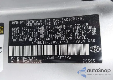 2007 Toyota Camry Xle V6 from USA, damaged, VIN 4T1BK46K57U534113